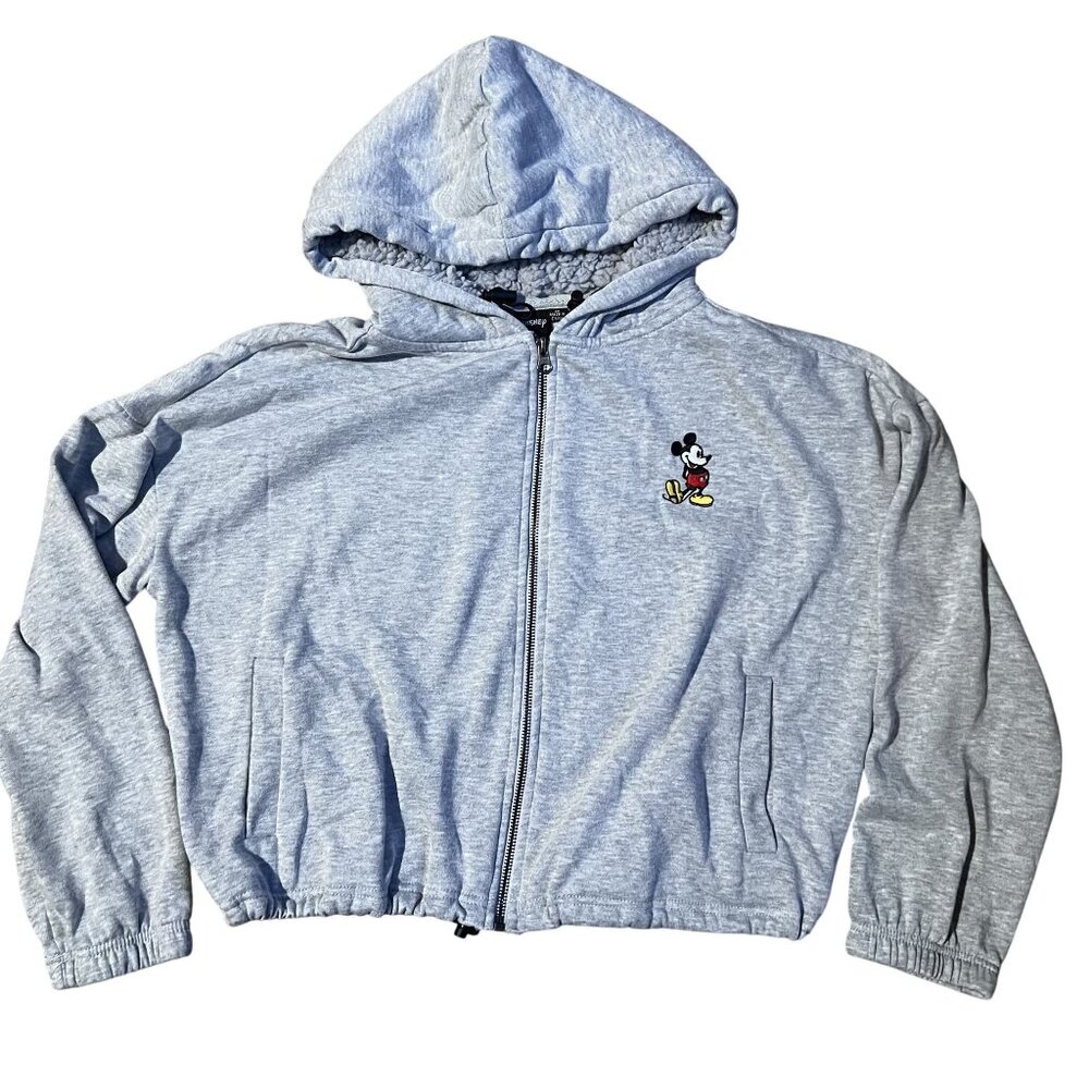 NWOT Disney Mickey Mouse Gray Zip-Up Hoodie W Sherpa Lining & Embroidered Logo